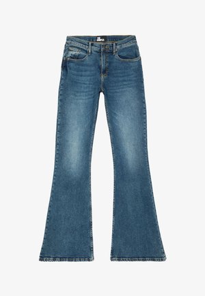 Jeans in denim blu a gamba svasata con vita media, cinque tasche e orlo grezzo. Presentano un leggero sbiadimento e effetti di whiskering sul tessuto.