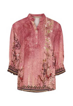 Lyserød bluse med mandarin-krave, der har blomstermønstre, knaplukning foran og sort blondekant på ærmerne og kanten. Materiale i bomuld.