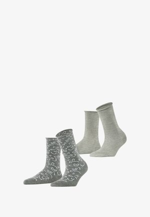 Zwei Paar graue Socken, eines mit einem floralen Muster in Weiß und das andere einfarbig grau, beide aus weichem, strukturiertem Stoff mit einem lässigen Design.