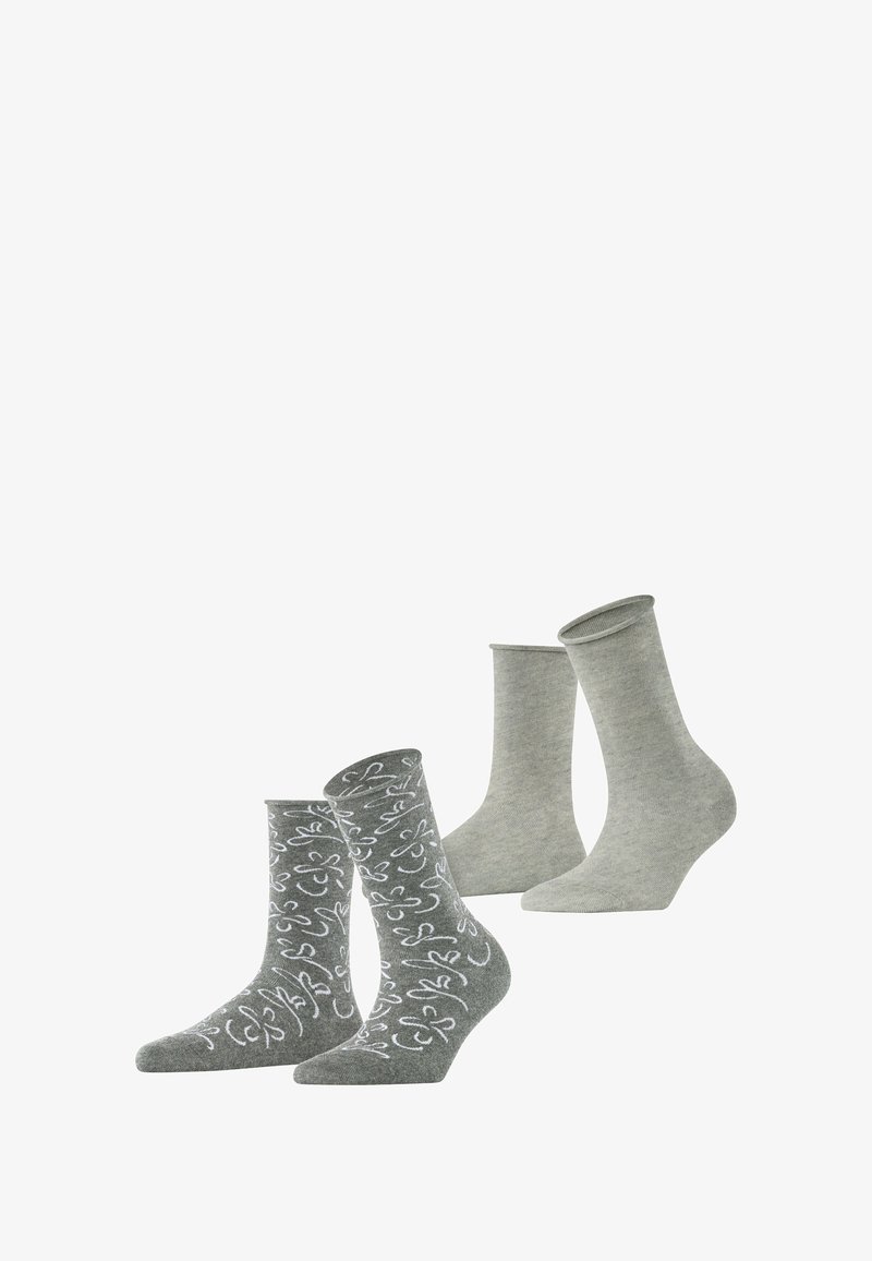 Two pairs of gray socks, one with a floral pattern in white and one solid gray, both made of soft, textured fabric with a casual design.