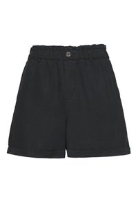 Bermudas de algodón negro con cinturilla elástica, cierre de botón y dobladillos enrollados. Presentan una textura suave y un diseño de corte recto.
