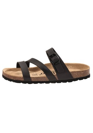 Black sandal with cross straps and a single adjustable buckle. Cork footbed and textured black rubber outsole. Minimalist design.