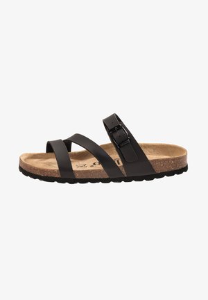 Black sandal with cross straps and a single adjustable buckle. Cork footbed and textured black rubber outsole. Minimalist design.