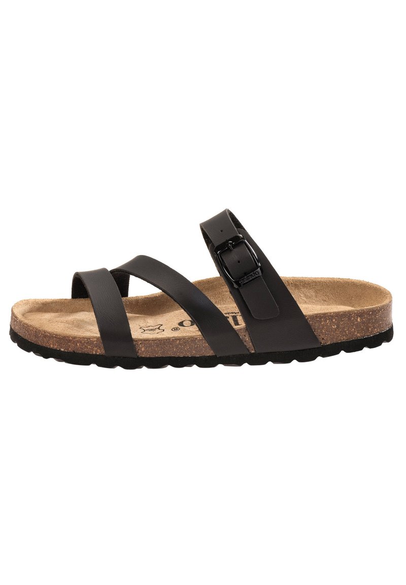 Sandalo nero con cinghie incrociate e una singola fibbia regolabile. Sottopiede in sughero e suola in gomma nera testurizzata. Design minimalista.
