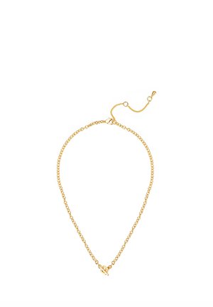 Gouden ketting met in elkaar grijpende schakels en een scharniersluiting, weergegeven op een witte achtergrond.