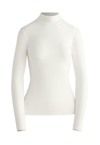 Biely dlhý rukáv top s nízkym golierom vyrobený z elastického materiálu, s priliehavým dizajnom a hladkou textúrou, zdôrazňujúci minimalistický vzhľad.