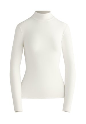 Fehér, hosszú ujjú, félmagas gallérú póló rugalmas anyagból, testhezálló fazonnal és sima textúrával, amely a minimalista megjelenést hangsúlyozza.