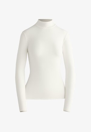 Weißes Langarm-Oberteil mit Stehkragen, aus elastischem Stoff gefertigt, mit einem figurbetonten Design und glatter Textur, das eine minimalistische Erscheinung betont.