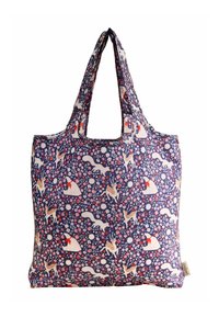 Jūrinės medžiagos pirkinių maišelis, dekoruotas gėlių ir gyvūnų raštais, įskaitant elnius ir voveres; du petnešos; minkšta textura.