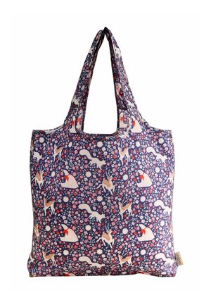 Jūrinės medžiagos pirkinių maišelis, dekoruotas gėlių ir gyvūnų raštais, įskaitant elnius ir voveres; du petnešos; minkšta textura.