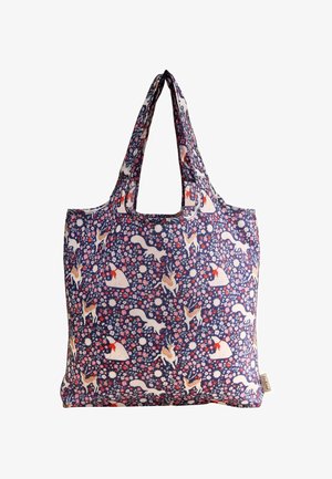 Mornarska torba iz tkanine z cvetličnimi in živalskimi vzorci, vključno z jelenom in vevericami; dva naramnika; mehka tekstura.