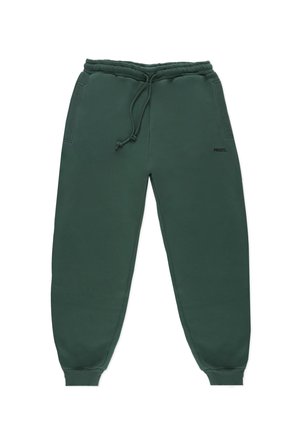Zielone spodnie dresowe wykonane z miękkiego materiału, z elastycznym pasem i sznurkiem oraz bocznymi kieszeniami. Minimalne oznaczenie marki na nogawce.