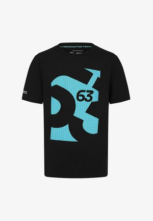 Czarny t-shirt z bawełny z dużym turkusowym nadrukiem graficznym z kropkowymi wzorami oraz wyraźnie wyeksponowaną liczbą "63".