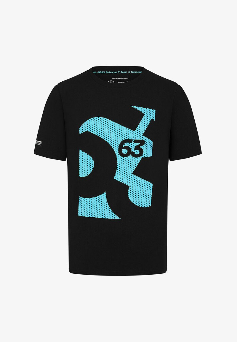 Czarny t-shirt z bawełny z dużym turkusowym nadrukiem graficznym z kropkowymi wzorami oraz wyraźnie wyeksponowaną liczbą "63".
