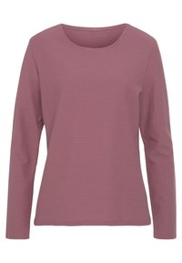 Langärmliges Oberteil mit Rundhalsausschnitt in einem gedämpften Rosa, das über ein strukturiertes Rippdesign verfügt. Der Stoff wirkt weich und leicht.