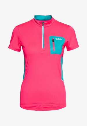 Knallpinke Kurzarm-Sportshirt mit türkisfarbener Reißverschlusstasche auf der Brust, Frontreißverschluss und türkisfarbenen Seitenteilen.