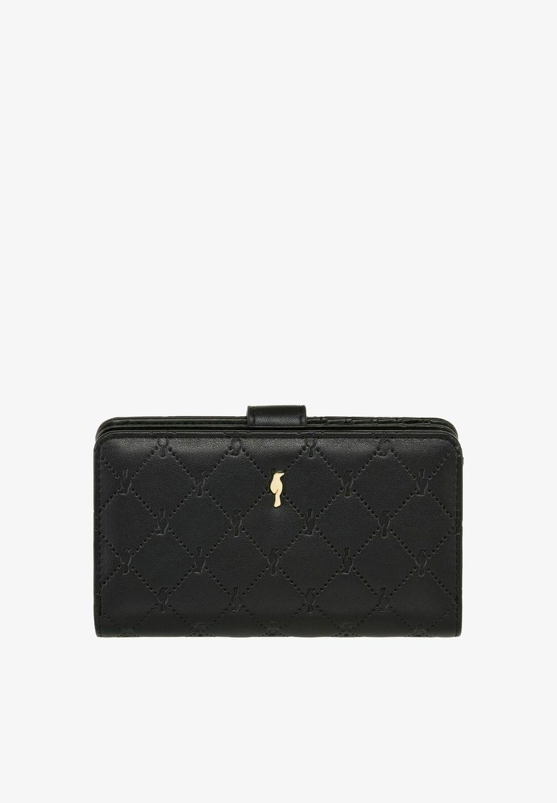 Czarny skórzany portfel o pikowanej fakturze i złotych akcentach. Posiada zapięcie na zatrzask i elegancki design z subtelnym logo.