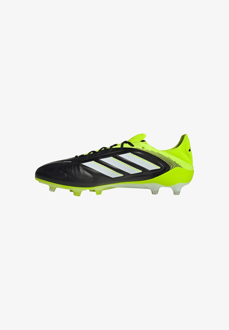 Black and neon green soccer cleat featuring a synthetic upper, three white stripe accents, and clear molded studs for traction.