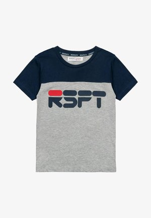 T-shirt enfant à manches courtes avec partie supérieure bleu marine, partie inférieure grise, et "RSFT" imprimé en bleu marine et rouge sur le devant.