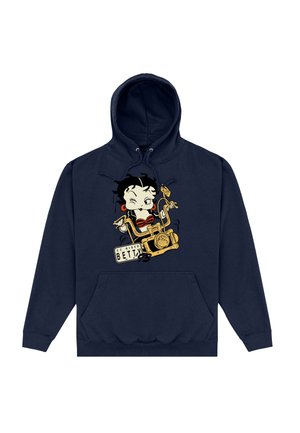 Granatowy hoodie z graficzną ilustracją postaci z kreskówki o czarnych włosach, czerwonych akcentach i motywie vintage motocykla.