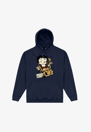 Granatowy hoodie z graficzną ilustracją postaci z kreskówki o czarnych włosach, czerwonych akcentach i motywie vintage motocykla.