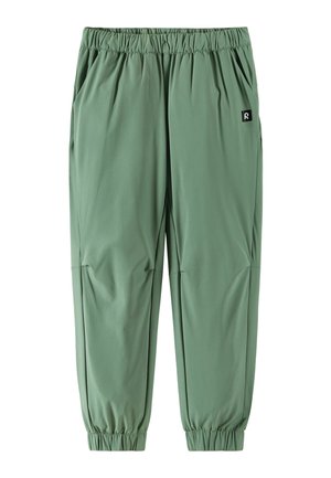 Jasnozielone spodnie dresowe z elastycznym pasem, kieszeniami po bokach i marszczonymi mankietami, z małą czarną naszywką z logo na prawej kieszeni.