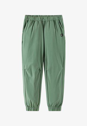 Hellgrüne Jogginghosen mit elastischem Bund, Seitentaschen und gesammelten Bündchen, mit einem kleinen schwarzen Logopatch an der rechten Tasche.