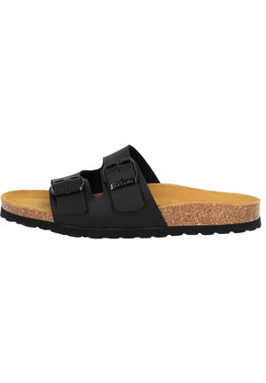 Black slide sandal with two adjustable buckles, cork footbed, and textured rubber sole. Features a smooth upper and flat profile.