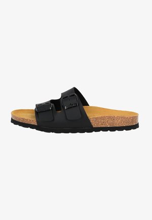 Black slide sandal with two adjustable buckles, cork footbed, and textured rubber sole. Features a smooth upper and flat profile.
