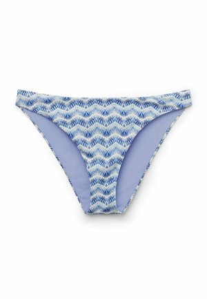 Blå og hvide bikiniunderdele med chevronmønster, lav talje og glat stoftekstur.
