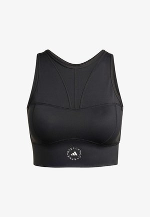 Zwarte sportbeha met een racerback ontwerp, een gladde textuur en contrasterende stiksels. Inclusief logo-detail aan de onderkant vooraan.