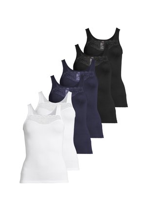 Zes mouwloze tanktops met kanten rand, gerangschikt in afwisselende kleuren wit, donkerblauw en zwart.