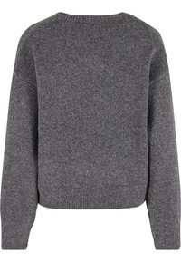 Grauer Strickpullover, verkürzter Schnitt mit langen Ärmeln, weicher Textur und geripptem Saum. Rückansicht, ohne sichtbare Muster oder Verzierungen.