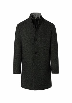 Dark grey coat with a textured, woven appearance. Features a high collar, four buttons, and a zippered pocket on the left side.