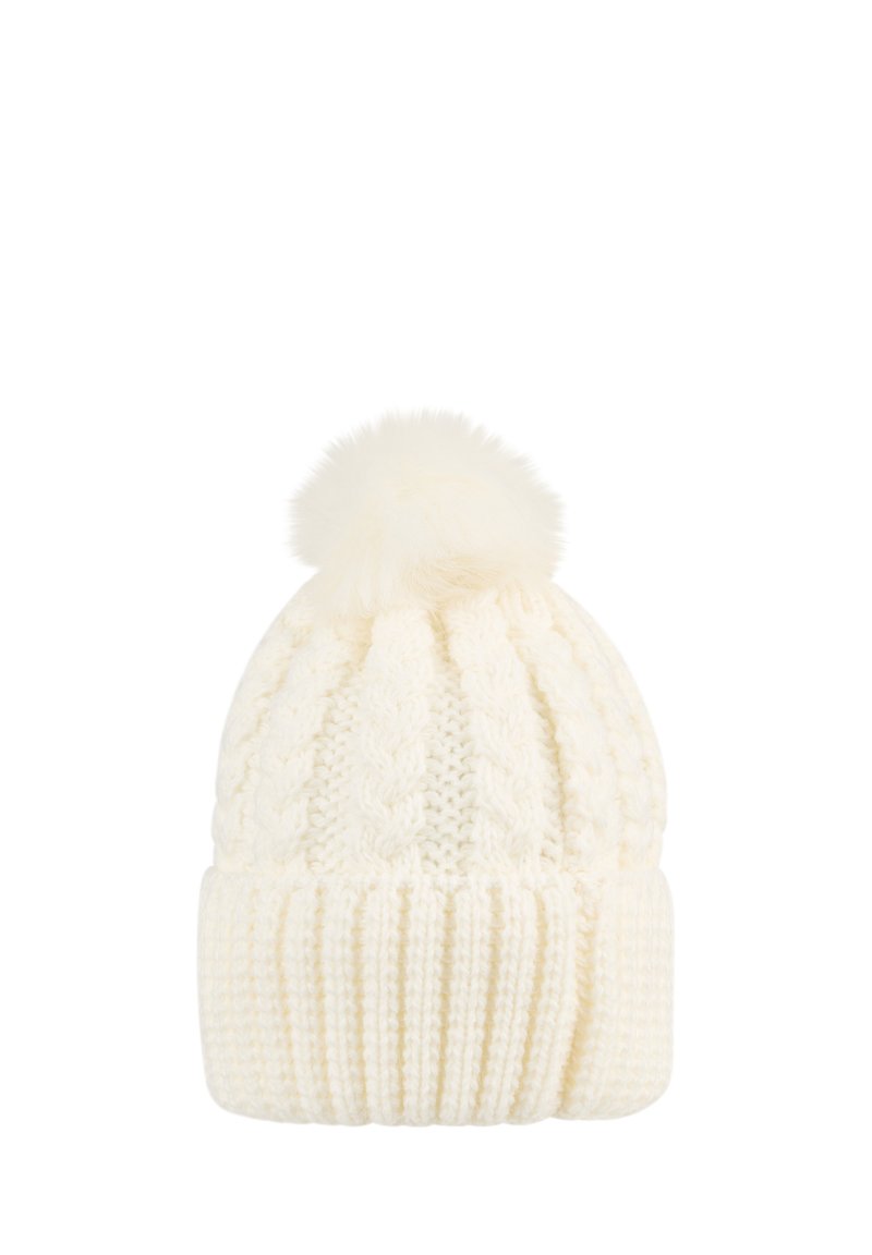 Cream-colored knitted winter hat with cable pattern, folded brim, and fluffy pom-pom on top.