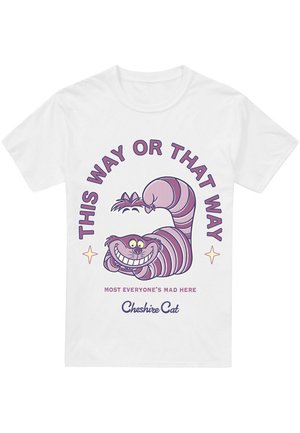 White T-shirt featuring a purple striped Cheshire Cat graphic with smiling face, surrounded by text: "THIS WAY OR THAT WAY" and "MOST EVERYONE'S MAD HERE."