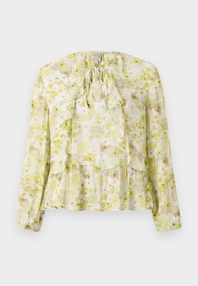 Floral blouse in light green and cream, featuring ruffled panels, long sleeves, a tie neck closure, and a tiered hem with a sheer texture.