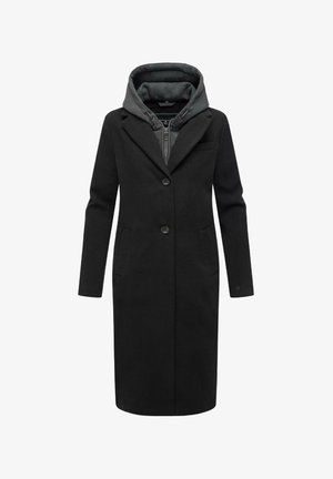 Črn plašč iz volnene mešanice s prilagojeno obliko, z izrezanimi klapami, dvema sprednjima žepoma in snemljivo sivo kapuco. Ima gumbno zapiranje.
