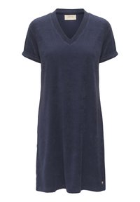 Robe courte à manches courtes bleu marine avec un col en V, fabriquée en tissu doux. Présente des revers roulés aux manches et un petit logo près de l'ourlet.