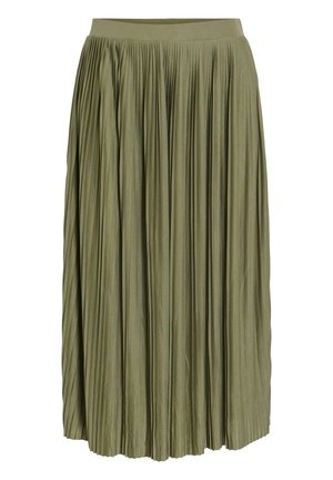 Olivgrüner, plissierter Midirock mit engem Bund und gleichmäßig verteilten vertikalen Falten.