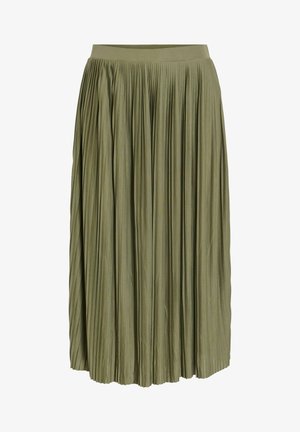 Olivgrüner, plissierter Midirock mit engem Bund und gleichmäßig verteilten vertikalen Falten.