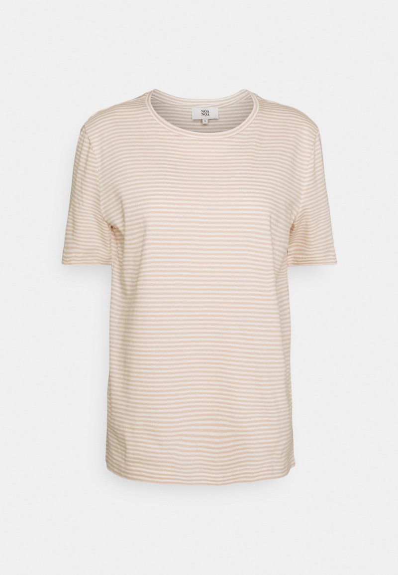 T-shirt en coton rayé aux couleurs pêche doux et blanc, col rond, manches courtes, coupe décontractée, avec de fines rayures horizontales.