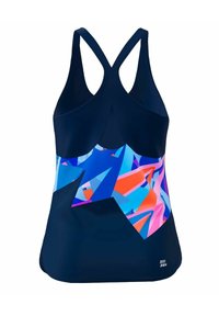 Top de atletismo azul marino con un colorido patrón geométrico en azul, rosa y naranja en la cintura. Presenta un diseño de espalda nadadora.