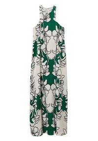 Robe maxi sans manches avec un motif floral vert et blanc, dotée d'un col haut et d'une silhouette fluide. Texture de tissu douce.