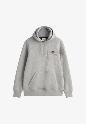 Grijze katoenen hoodie met een kangoeroezak, een verstelbare trekkoordcapuchon en geborduurd logo op de borst. Vloeiende textuur en een ontspannen pasvorm.