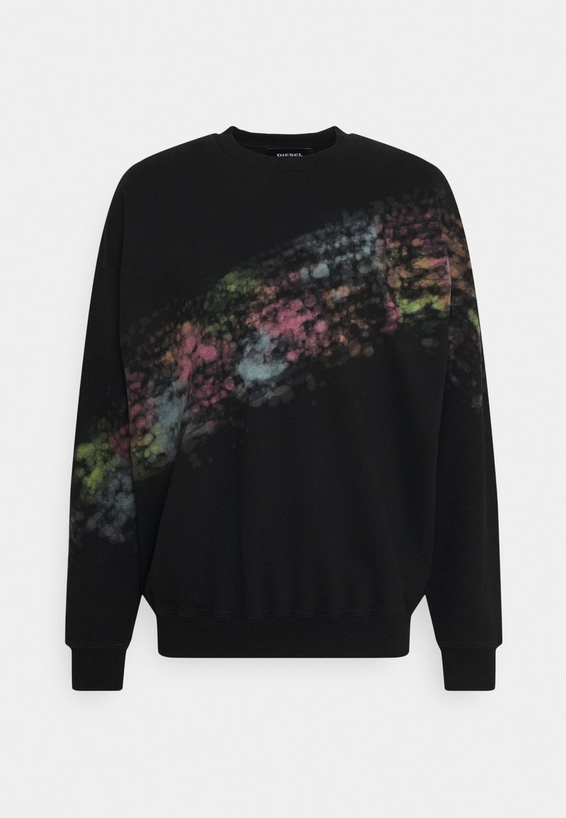 Sweat-shirt noir à manches longues avec poignets et bas côtelés, présentant un motif floral multicolore délavé en diagonale sur le devant et la manche gauche.