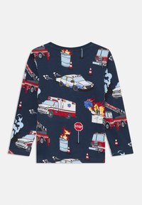Navy-blaues Langarmhemd mit verschiedenen Einsatzfahrzeugen sowie Feuerwehr- und Rettungsgrafiken in leuchtenden Farben. Baumwollmaterial mit glatter Textur.