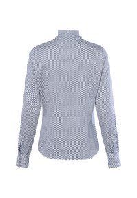 Langarmshirt met hoge hals, gemaakt van een witte stof met een marineblauw stippenpatroon en knoopmanchetten. Soepele textuur, slim fit.