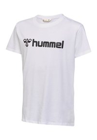 Hvid bomulds t-shirt med et sort "hummel" logo og grafisk design på forsiden, med en klassisk rund halsudskæring og korte ærmer.