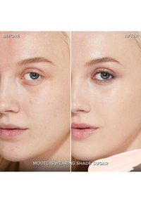 Before-and-after comparison of a model's face; left side shows blemishes, and the right side shows smoother skin with a glossy finish, wearing shade Sugar.